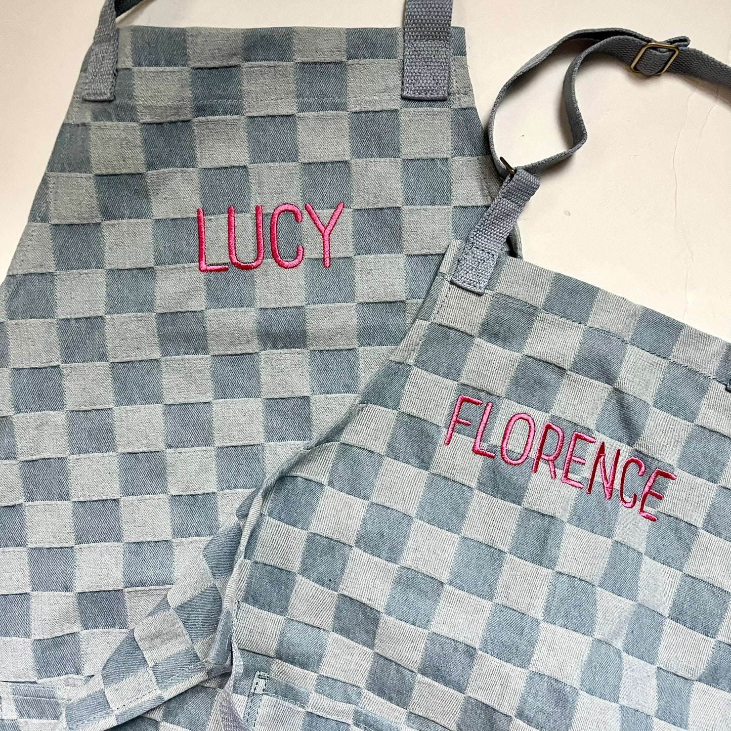 Kids Custom Embroidered Denim Checkered Apron
