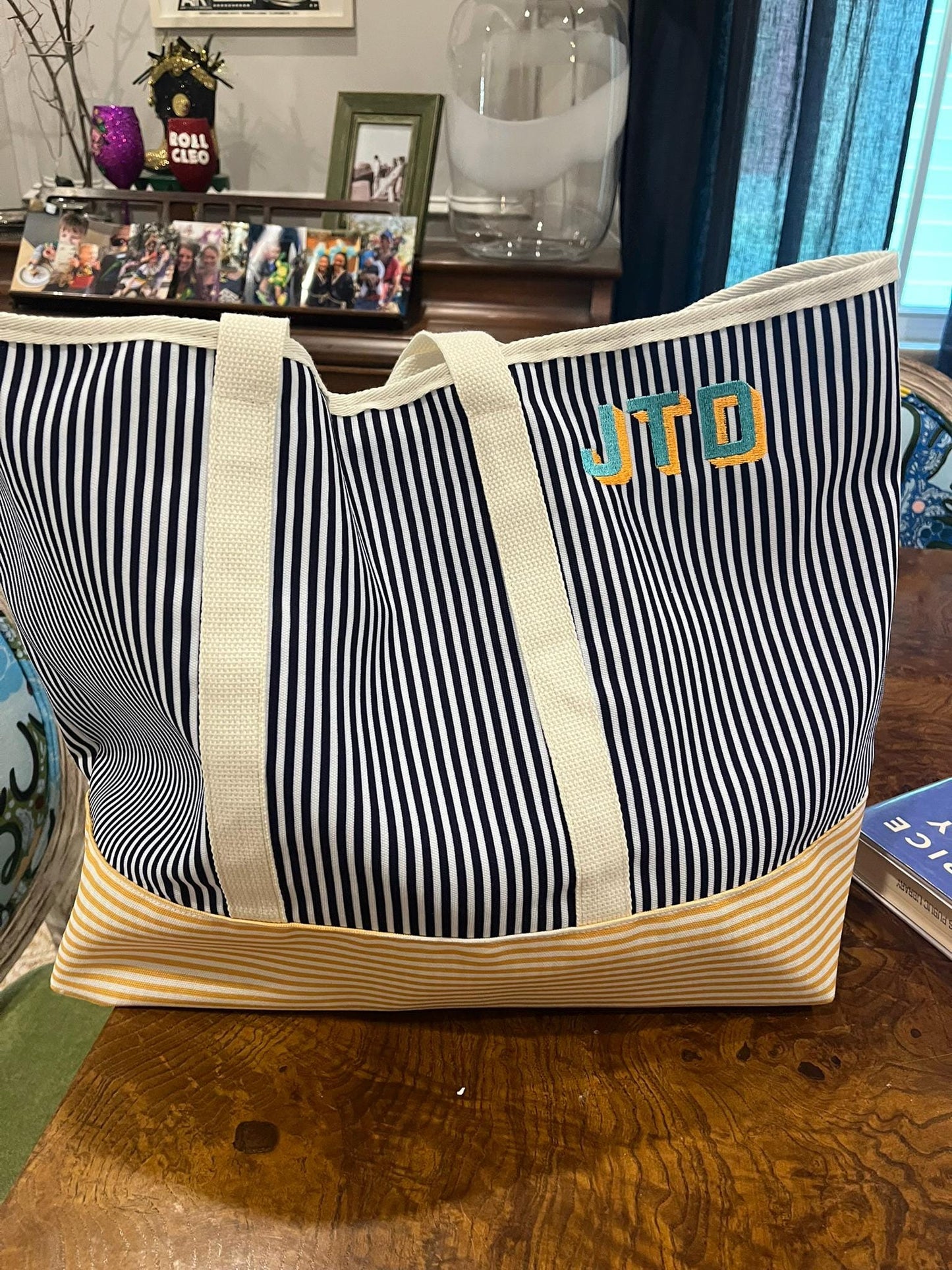 Personalized Striped Beach Bag, Custom Initial Tote Bag, Embroidered Gifts for Women, Bridesmaid Gift, Graduation, Nautica, Pool, Teacher