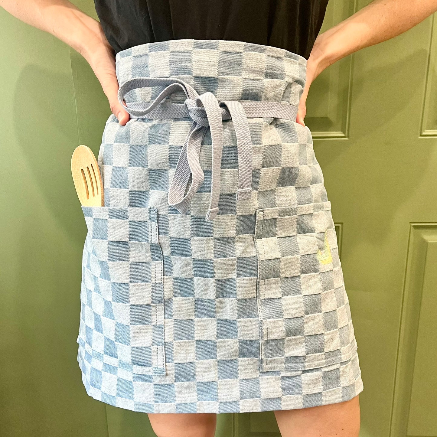 Embroidered Half Apron Denim Chambray Checkered Cafe Apron