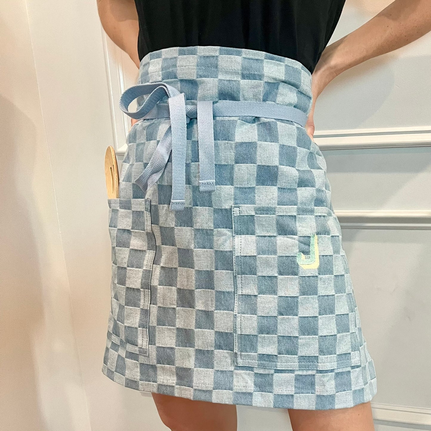 Embroidered Half Apron Denim Chambray Checkered Cafe Apron