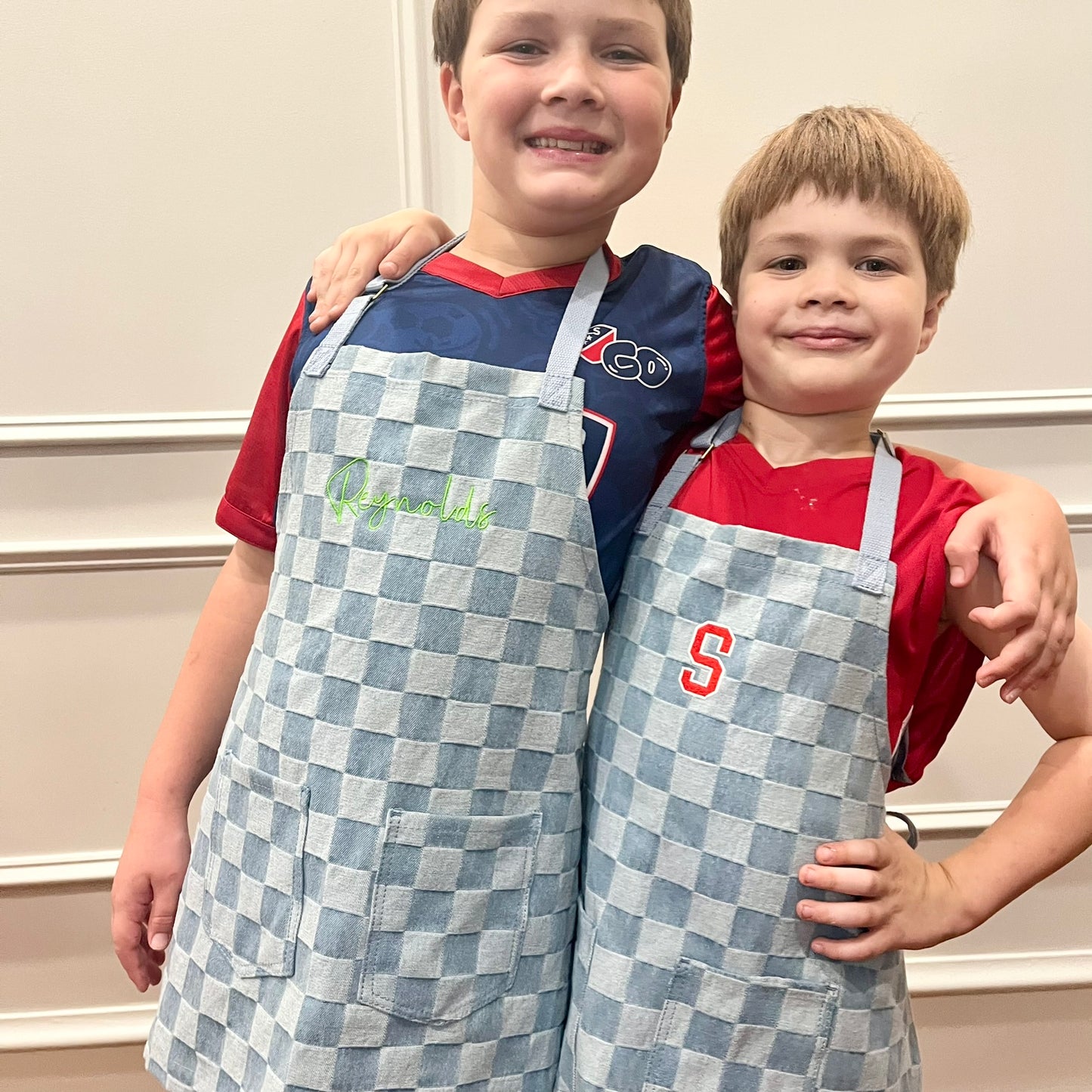 Kids Custom Embroidered Denim Checkered Apron