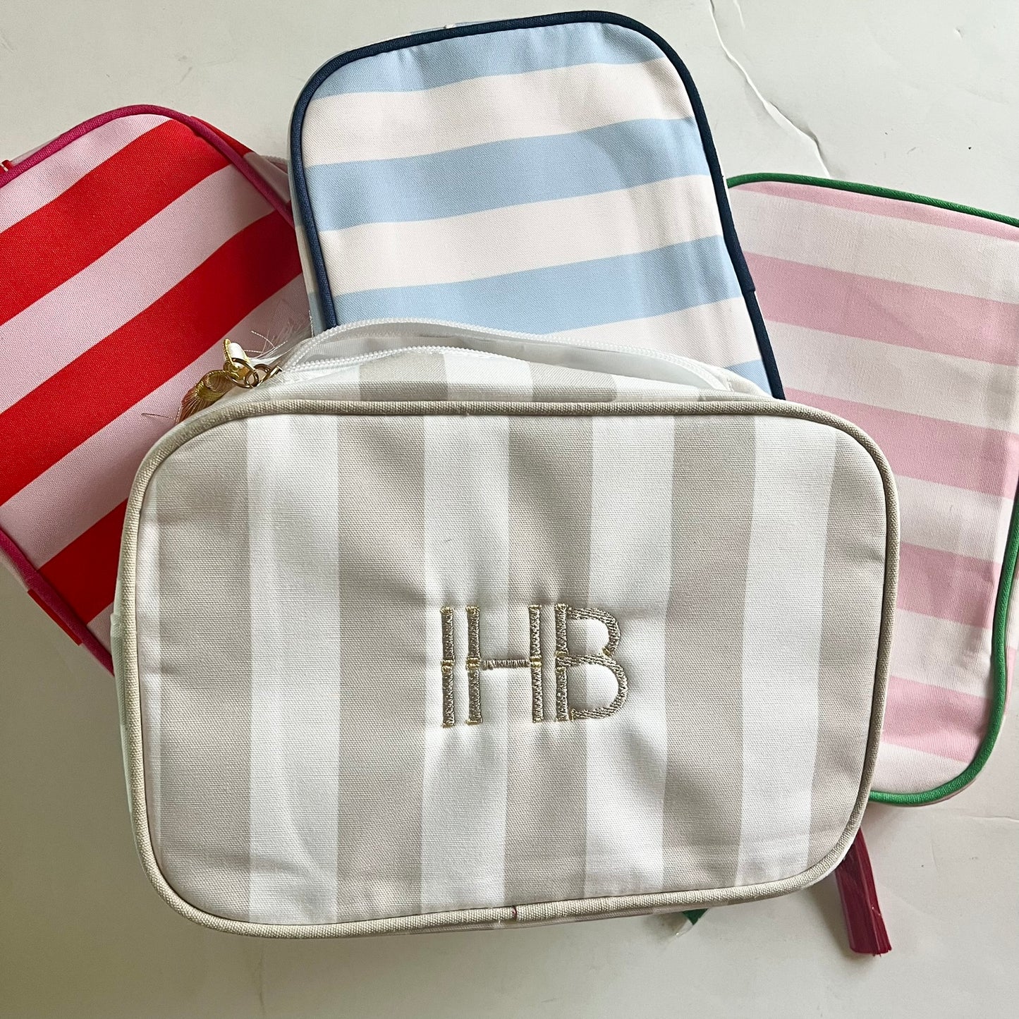 Personalized striped makeup bag